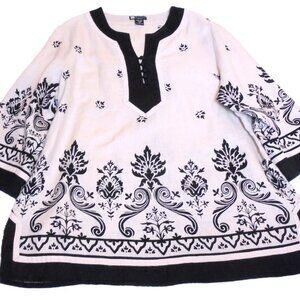 Vintage Carole Little  Linen Tunic 1X Blouse White 3/4 Sleeve Woman's Summer Top